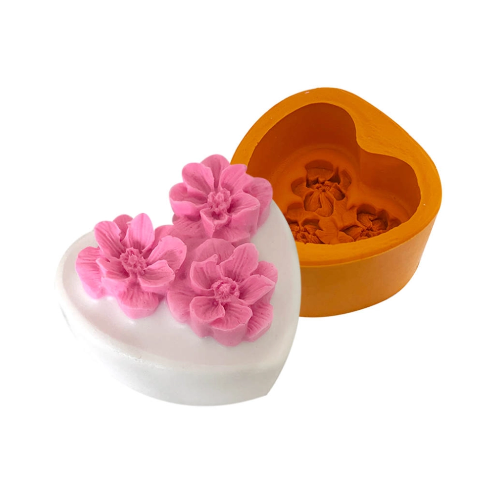 Molde De Silicone Coração Trio De Flores
