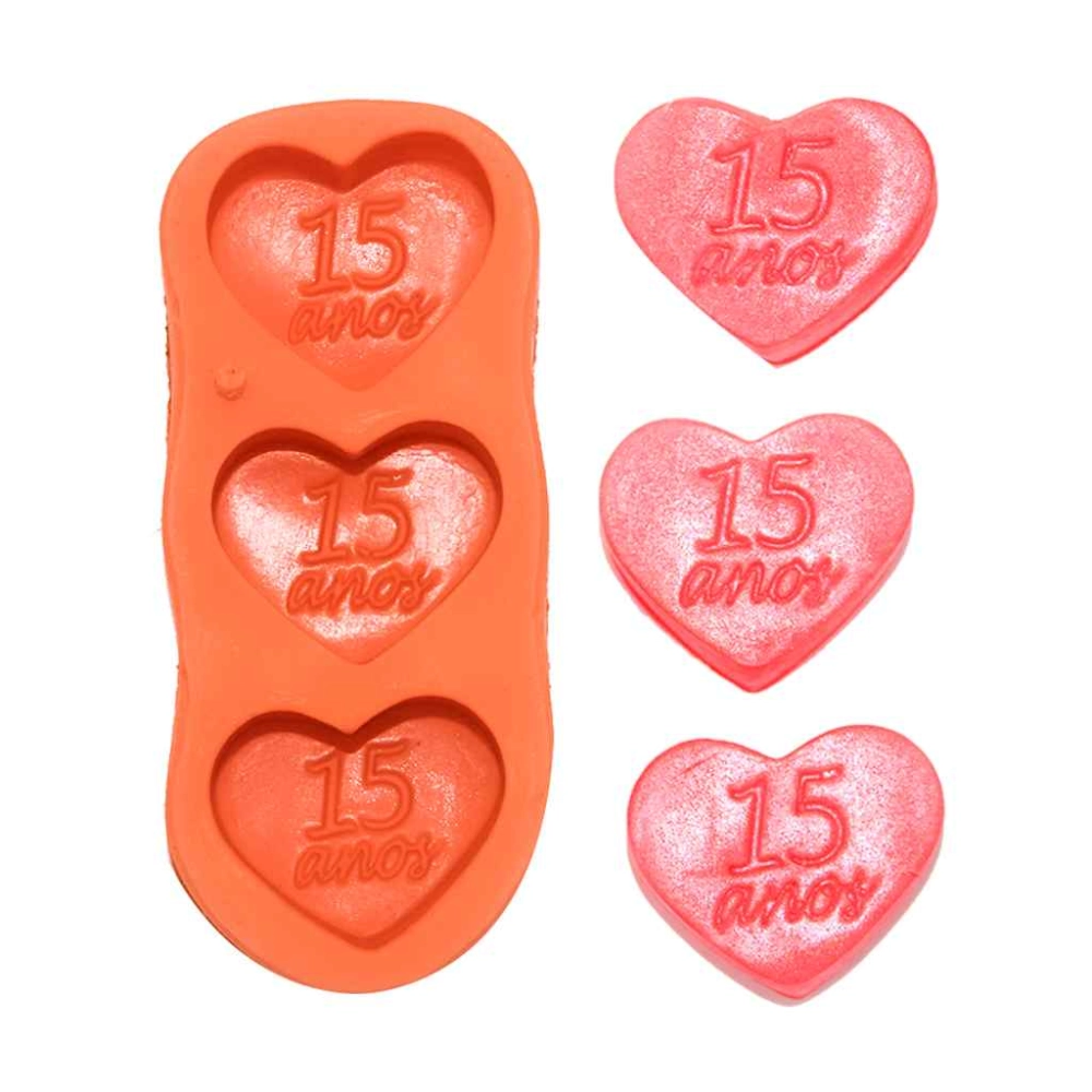 Molde de silicone Coração 15 Anos 3 Cavidades