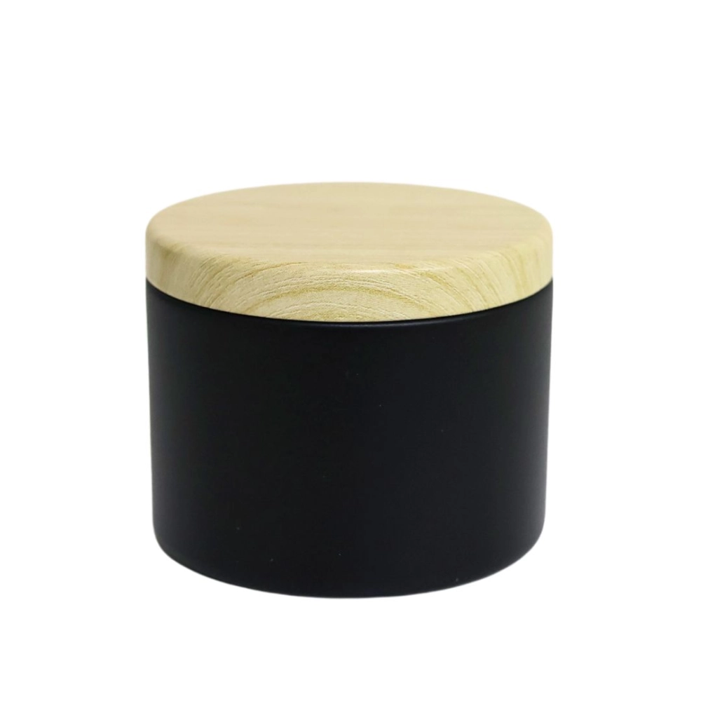 Pote Alumínio Reto Preto 130ml c/Tampa de Madeira